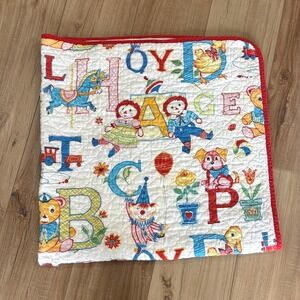 Vintage Raggedy Ann baby blanket with ABCs- red and white thin quilt